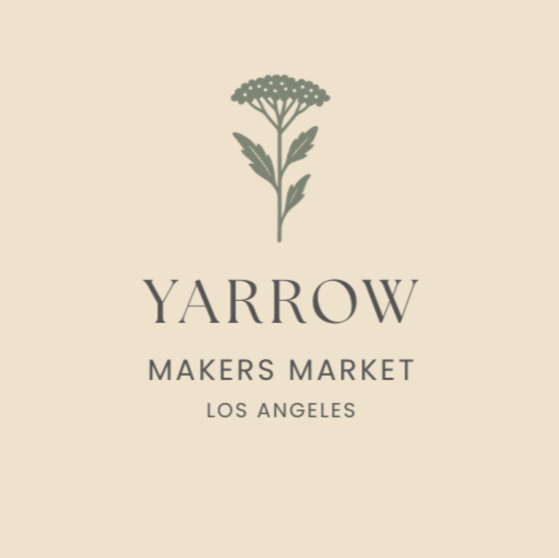 Yarrow Makers Market logo with a flower illustration on a beige background